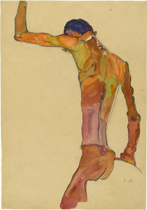 Egon Schiele. Standing Male Nude with Arm Raised, Back View. 1910
