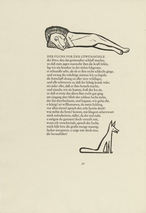 Gerhard Marcks. Reclining Lion (Liegender Löwe) and Fox (Fuchs) (in-text plates, page 30) from Tierfabeln des Aesop (Aesop's Fables). (1950, print executed 1949-50)