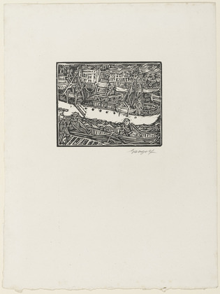 Paul Gangolf. Marseille, Steamboat in the Harbor (Marseille, Dampfer im Hafen) from the periodical in portfolio form Die Schaffenden, vol. 7, no. 2. (c.1929, published 1930)