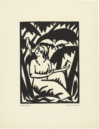 Georg Schrimpf. Untitled (Girl with Doves) [Ohne Titel (Mädchen mit Tauben)] (plate, preceding p. 33) from the periodical Das Kunstblatt, vol. 1, no. 2 (Feb 1917). 1917