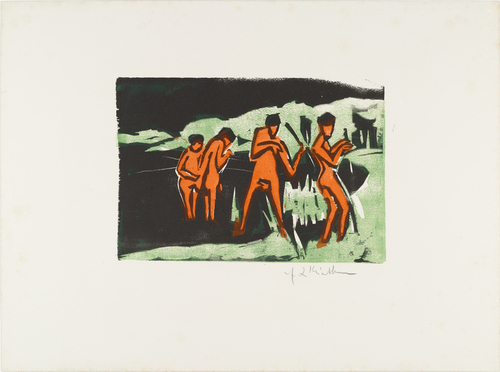 Ernst Ludwig Kirchner. Bathers Throwing Reeds (Mit Schilf werfende Badende) from the portfolio Brücke 1910. (1909, published 1910)