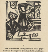 Ernst Ludwig Kirchner. Briggel: The Brothers (Der Briggel: Die Brüder) (headpiece, page 9) from Neben der Heerstrasse (Off the Main Road). 1923