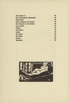 Ernst Ludwig Kirchner. Reclining Nude (Liegender Rückenakt) (tailpiece, table of contents) from Umbra Vitae (Shadow of Life). (1905, published 1924)