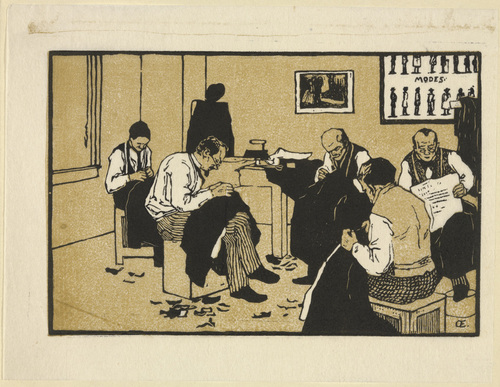 Emil Orlik. Tailor's Workshop by Orlik in Prague (Schneiderwerkstatt bei Orlik in Prag) from Small Woodcuts (Kleine Holzschnitte). 1920 (prints executed 1896-1899)