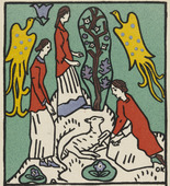 Oskar Kokoschka. Three Girls, a Lamb and Birds of Paradise (Drei Mädchen, Lamm und Paradiesvögel) (postcard). (1908)