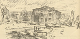 Fritz Rhein. Bullet-Riddled Village (Zerschossenes Dorf) (headpiece, p. 104) from the periodical Kriegszeit. Künstlerflugblätter, vol. 1, no. 26 (10 Feb 1915). 1915