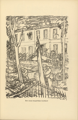 Max Unold. Before a French Country House (Vor einem französischen Landhaus) (plate, p. 109) from the periodical Kriegszeit. Künstlerflugblätter, vol. 1, no. 27 (17 Feb 1915). 1915