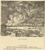 Ulrich Hübner. Fire in Antwerp (Brand in Antwepen)  (headpiece, p. 112) from the periodical Kriegszeit. Künstlerflugblätter, vol. 1, no. 28 (24 Feb 1915). 1915