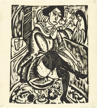 Ernst Ludwig Kirchner. Woman Buttoning Her Shoe (Frau, Schuh zuknöpfend). (1912, published 1913)