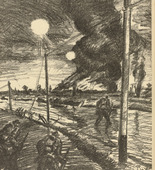 Josef Bato. Advancing in Grenade and Shrapnel Fire (Vorrücken im Granat- und Schrapnellfeuer) (plate, p. 122) from the periodical Kriegszeit. Künstlerflugblätter, vol. 1, no. 30 (10 March 1915). 1915