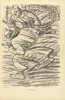 Ernst Barlach. Assault (Sturmangriff) (plate, p. 129) from the periodical Kriegszeit. Künstlerflugblätter, vol. 1, no. 32 (24 March 1915). 1915