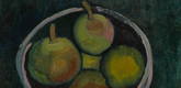 Paul Klee. Still Life with Four Apples (Stilleben mit vier Früchten in Schale vor dunkelgrünem Grunde). (1909)