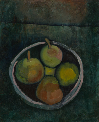 Paul Klee. Still Life with Four Apples (Stilleben mit vier Früchten in Schale vor dunkelgrünem Grunde). (1909)