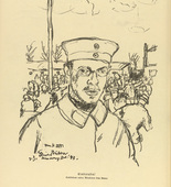 Erich Büttner. Drafted (Self-Portrait) [Einberufen (Selbstbildnis)] (plate, p. 140) from the periodical Kriegszeit. Künstlerflugblätter, vol. 1, no. 35 (14 April 1915). 1915