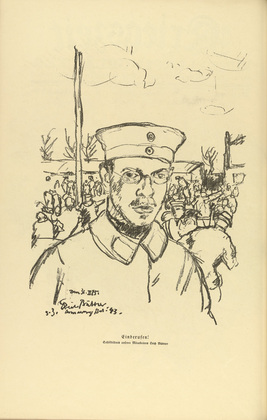 Erich Büttner. Drafted (Self-Portrait) [Einberufen (Selbstbildnis)] (plate, p. 140) from the periodical Kriegszeit. Künstlerflugblätter, vol. 1, no. 35 (14 April 1915). 1915