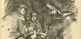 Fritz Rhein. In the Bomb Shelter (Im Alarmkeller) (plate, p. 141) from the periodical Kriegszeit. Künstlerflugblätter, vol. 1, no. 35 (14 April 1915). 1915