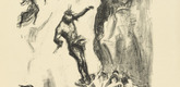 Max Slevogt. Unca Jumps Down to Save Cora (Unkas springt herab um Cora zu retten) from the supplementary suite accompanying the illustrated book Lederstrumpf-Erzählungen (The Leatherstocking Tales). (1908, published 1909)