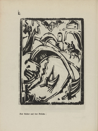 Bernhard Klein. The Rider on the Bridge (Der Reiter auf der Brücke) (plate, page 10) from the periodical Der schwarze Turm, vol. 1, no. 2 (Apr 1919). 1919