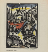Bernhard Klein. Tugboat and Barges (Schlepper und Kähne) (plate, page 11) from the periodical Der schwarze Turm, vol. 1, no. 2 (Apr 1919). 1919