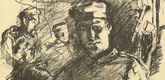 Fritz Rhein. In the Foxhole (Im Unterstand) (headpiece, p. 157) from the periodical Kriegszeit. Künstlerflugblätter, vol. 1, no. 39 (12 May 1915). 1915