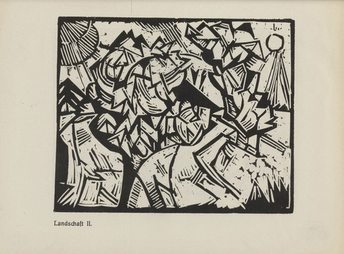 Georg Tappert. Landscape II (Landschaft II) (plate, page 9) from the periodical Der schwarze Turm, vol. 1, no. 3 (July 1919). 1919