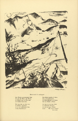 Willy Jaeckel. Carpathian Mountains (Karpathen) (headpiece, p. 169) from the periodical Kriegszeit. Künstlerflugblätter, vol. 1, no. 42 (2 June 1915). 1915