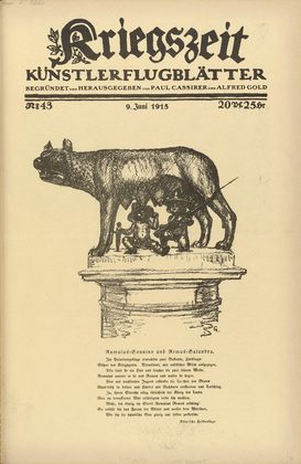 August Gaul. Roman She-Wolf (Römische Wölfin) (in-text plate, p. 171) from the periodical Kriegszeit. Künstlerflugblätter, vol. 1, no. 43 (9 June 1915). 1915