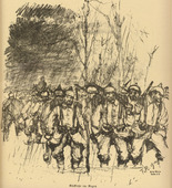 Fritz Rhein. Return in the Rain (Rückkehr im Regen) (in-text plate, p. 175) from the periodical Kriegszeit. Künstlerflugblätter, vol. 1, no. 44 (17 June 1915). 1915