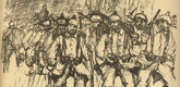 Fritz Rhein. Return in the Rain (Rückkehr im Regen) (in-text plate, p. 175) from the periodical Kriegszeit. Künstlerflugblätter, vol. 1, no. 44 (17 June 1915). 1915