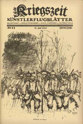 Fritz Rhein. Return in the Rain (Rückkehr im Regen) (in-text plate, p. 175) from the periodical Kriegszeit. Künstlerflugblätter, vol. 1, no. 44 (17 June 1915). 1915