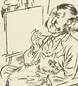 George Grosz. Self-Portrait with Dog in Front of the Easel (Selbstbildnis mit Hund vor der Staffelei) from the deluxe periodical in portfolio form Die Schaffenden, vol. 5, no. 2. (1926)