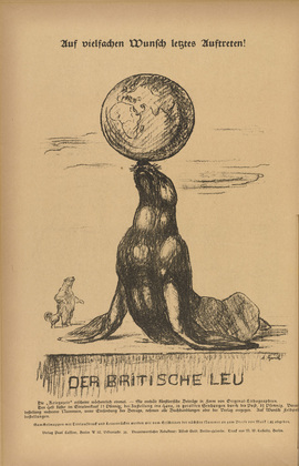 August Gaul. The British Lion (Der britische Leu) (in-text plate, p. 16) from the periodical Kriegszeit. Künstlerflugblätter, vol. 1, no. 4 (23 Sept 1914). 1914