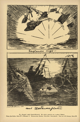 Carl Olof Petersen. England's Air and Submarine Fleet (Englands Luft- und Unterseeflotte) (plate, p. 194) from the periodical Kriegszeit. Künstlerflugblätter, vol. 1, no. 48 (18 July 1915). 1915
