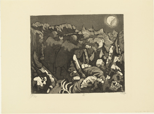 Otto Dix, Karl Nierendorf, Berlin. The Outposts in the Trenches Must Maintain the Bombardment at Night (Die Sappenposten haben nachts das Feuer zu unterhalten) from The War (Der Krieg). (1924)