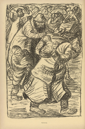 Ernst Barlach. Evacuation (Evakuierung) (plate, p. 200) from the periodical Kriegszeit. Künstlerflugblätter, vol. 1, no. 50 (5 Aug 1915). 1915
