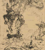 Ulrich Hübner. Surround Yourself with Your Entire Fleet, England! (Umgürte Dich mit Deiner ganzen Flotte, England!) (plate, p. 18) from the periodical Kriegszeit. Künstlerflugblätter, vol. 1, no. 5 (30 Sept 1914). 1914