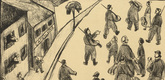 József Arpád Murmann. German Prisoner Transport in France: Exodus from Chartres (Deutscher Gefangenentransport in Frankreich: Auszug aus Chartres) (headpiece, p. 208) from the periodical Kriegszeit. Künstlerflugblätter, vol. 1, no. 52 (31 Aug 1915). 1915