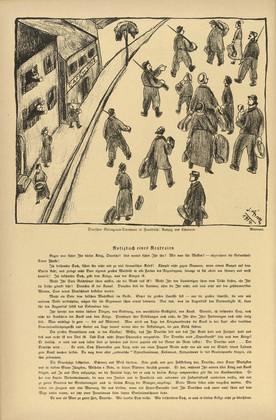 József Arpád Murmann. German Prisoner Transport in France: Exodus from Chartres (Deutscher Gefangenentransport in Frankreich: Auszug aus Chartres) (headpiece, p. 208) from the periodical Kriegszeit. Künstlerflugblätter, vol. 1, no. 52 (31 Aug 1915). 1915
