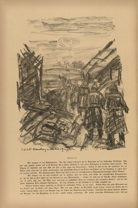 Waldemar Rösler. Wandering Through the Trenches at Night (Nächtliche Wanderung in den Schützengräben) (headpiece, p. 216) from the periodical Kriegszeit. Künstlerflugblätter, vol. 1, no. 54 (1 Oct 1915). 1915
