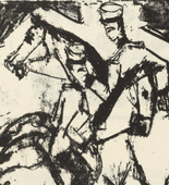 .a Ernst Ludwig Kirchner, .b Rudolf Grossmann. .a In the Barracks Yard (Auf dem Kasernenhof) from the periodical Der Bildermann , no. 15 (November 5, 1916), .b Landscape by the Neckar River (Landschaft am Neckar)  from the periodical Der Bildermann, no. 15 (November 5, 1916). (1916)