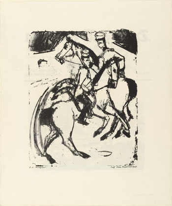 .a Ernst Ludwig Kirchner, .b Rudolf Grossmann. .a In the Barracks Yard (Auf dem Kasernenhof) from the periodical Der Bildermann , no. 15 (November 5, 1916), .b Landscape by the Neckar River (Landschaft am Neckar)  from the periodical Der Bildermann, no. 15 (November 5, 1916). (1916)