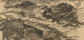 Waldemar Rösler. Artillery Shells Undigging the Dead (Die Granaten decken die Begrabenen wieder auf) (plate, p. 218) from the periodical Kriegszeit. Künstlerflugblätter, vol. 1, no. 54 (1 Oct 1915). 1915