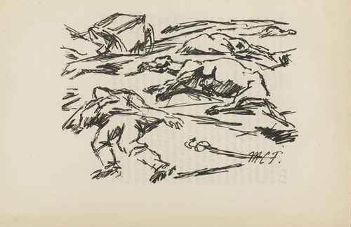 Maria Caspar-Filser. Untitled (Fallen Warrior) (plate, [p. 3]) from the periodical Zeit-Echo. Ein Kriegs-Tagebuch der Künstler, vol. 1, no. 1 (Aug 1914). 1914