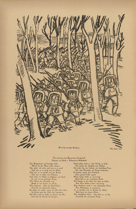 Max Unold. March through the Woods (Marsch durchs Gehölz) (headpiece, p. 232) from the periodical Kriegszeit. Künstlerflugblätter, vol. 1, no. 58 (Dec 1915). 1915
