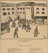 József Arpád Murmann. Experiences of a Civilian Prisoner in France: Admission (Erlebnisse eines Zivilgefangenen in Frankreich: Einlieferung) (headpiece, p. 244) from the periodical Kriegszeit. Künstlerflugblätter, vol. 1, no. 61 (Jan 1916). 1916
