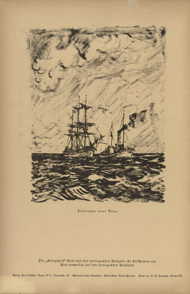 Ulrich Hübner. Bringing in a Prize (Einbringen einer Prise) (in-text plate, p. 262) from the periodical Kriegszeit. Künstlerflugblätter, vol. 1, no. 64/65 (End of March 1916). 1916