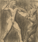Max Liebermann. Hercules-Hindenburg Slays the Russian Bear (Herkules-Hindenburg erschlägt den russischen Bären)  (in-text plate, p. 24) from the periodical Kriegszeit. Künstlerflugblätter, vol. 1, no. 6 (30 Sept 1914). 1914