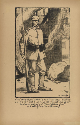 Arthur Kampf. The Watchman on the Mause (Die Wacht an der Maas) (plate, p. 2) from the periodical Kriegszeit. Künstlerflugblätter, vol. 1, no. 1 (31 Aug 1914). 1914