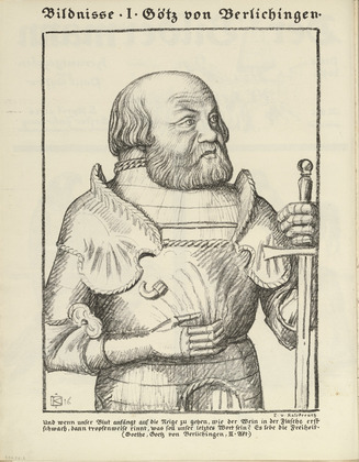 Leopold von Kalckreuth. Portrait I: Götz von Berlichingen (Bildnisse I: Götz von Berlichingen) (plate, folio 2 verso) from the periodical Der Bildermann, vol. 1, no. 1 (April 1916). 1916