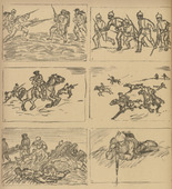 Alexander Kolde. Sketches from the Field (Skizzen aus dem Feld) (in-text plate, p. 62) from the periodical Kriegszeit. Künstlerflugblätter, vol. 1, no. 15 (2 Dec 1914). 1914